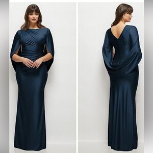 Dessy After Six Draped Stretch Satin Midnight Navy Long Sleeve Caplet Maxi Dress